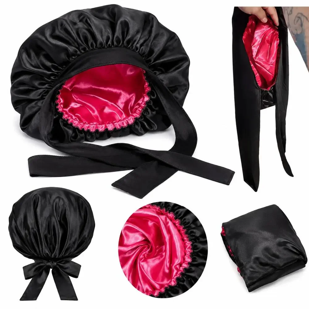 NEW Satin Hair Bonnet with Tie Band Black & Pink get 2 for one price